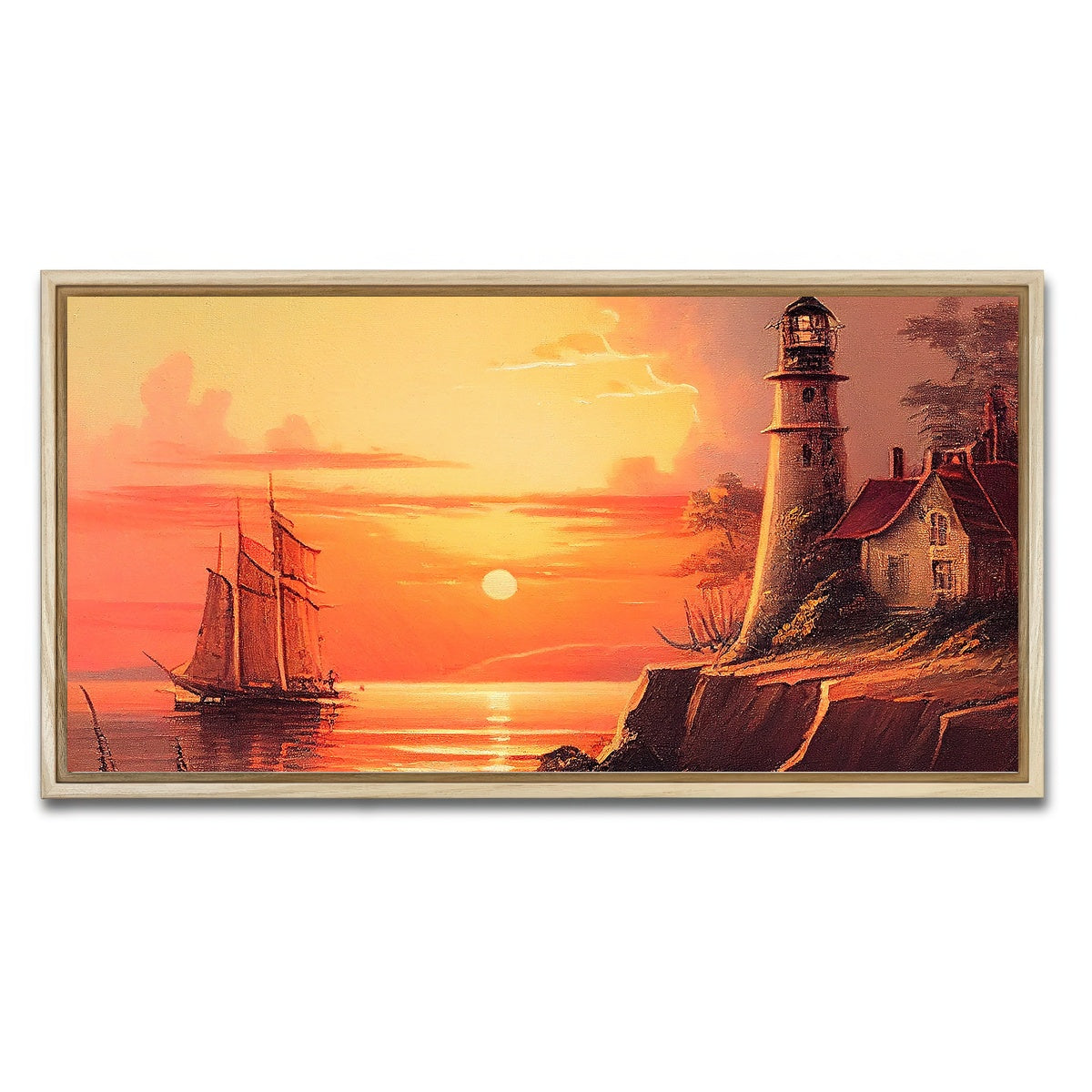 AUTO-MOCKUP WHITE | Sailing Past a Lighthouse and Sunset | 1 Piece | Natural Framed Canvas | group=2x1