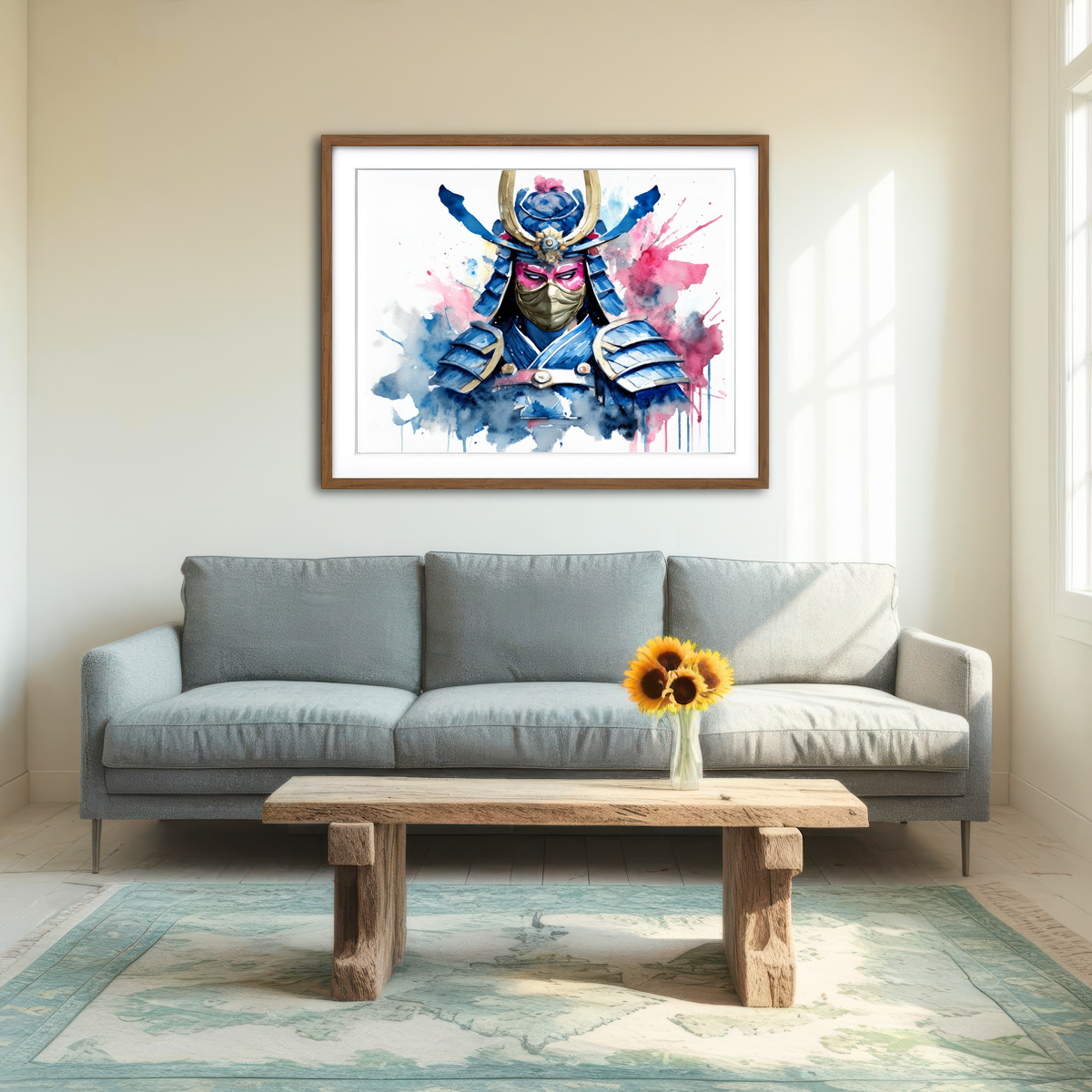 AUTO-MOCKUP ROOM | Samurai Watercolor Masked Wall Art