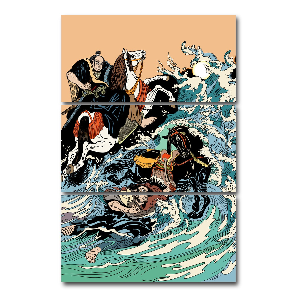 AUTO-MOCKUP WHITE | Samurai horsemen crossing a stormy sea | 3 Piece | Gallery Wrap Canvas | group=12x24_stacked