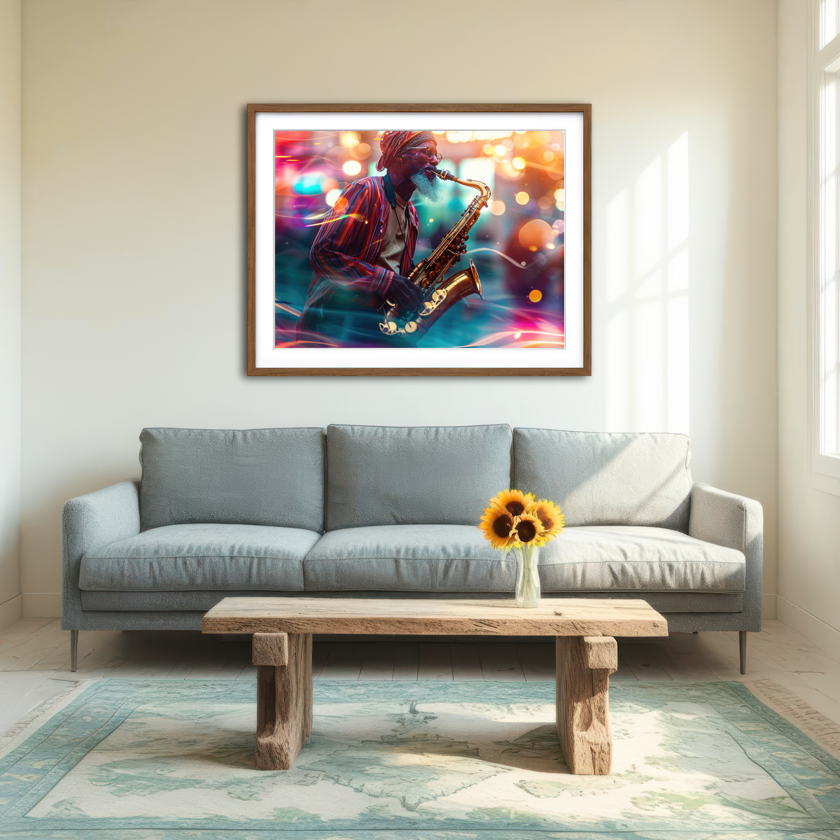 AUTO-MOCKUP ROOM | Saxophonist in the City Lights Wall Art