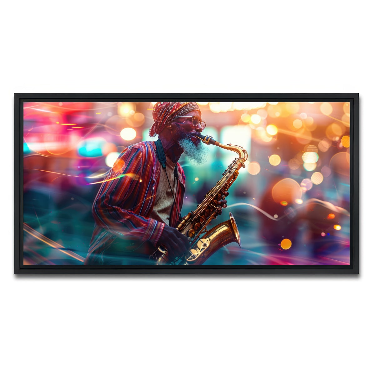 AUTO-MOCKUP WHITE | Saxophonist in the city lights | 1 Piece | Black Framed Canvas | group=2x1