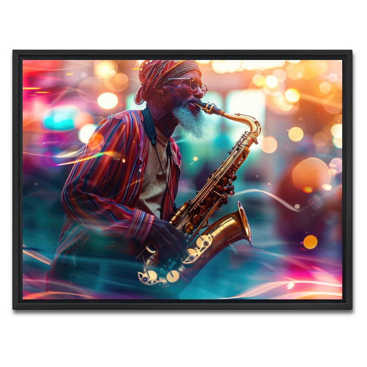 AUTO-MOCKUP WHITE | Saxophonist in the city lights | 1 Piece | Black Framed Canvas | group=4x3