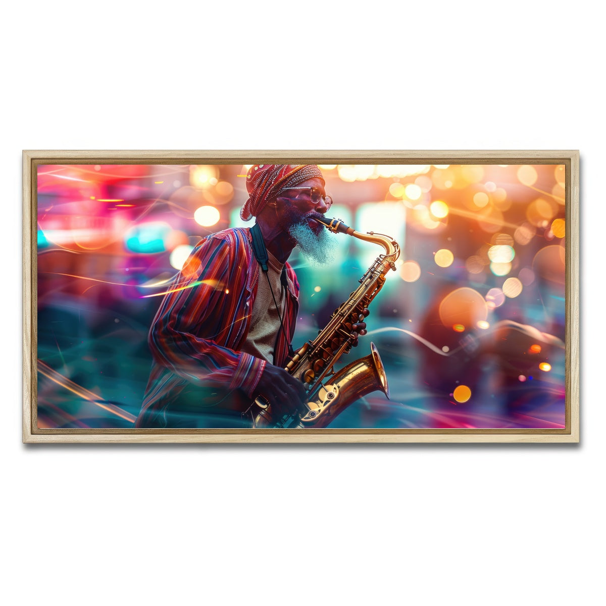 AUTO-MOCKUP WHITE | Saxophonist in the city lights | 1 Piece | Natural Framed Canvas | group=2x1