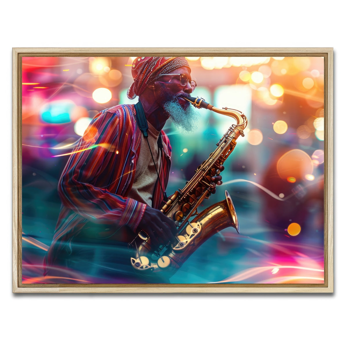 AUTO-MOCKUP WHITE | Saxophonist in the city lights | 1 Piece | Natural Framed Canvas | group=4x3