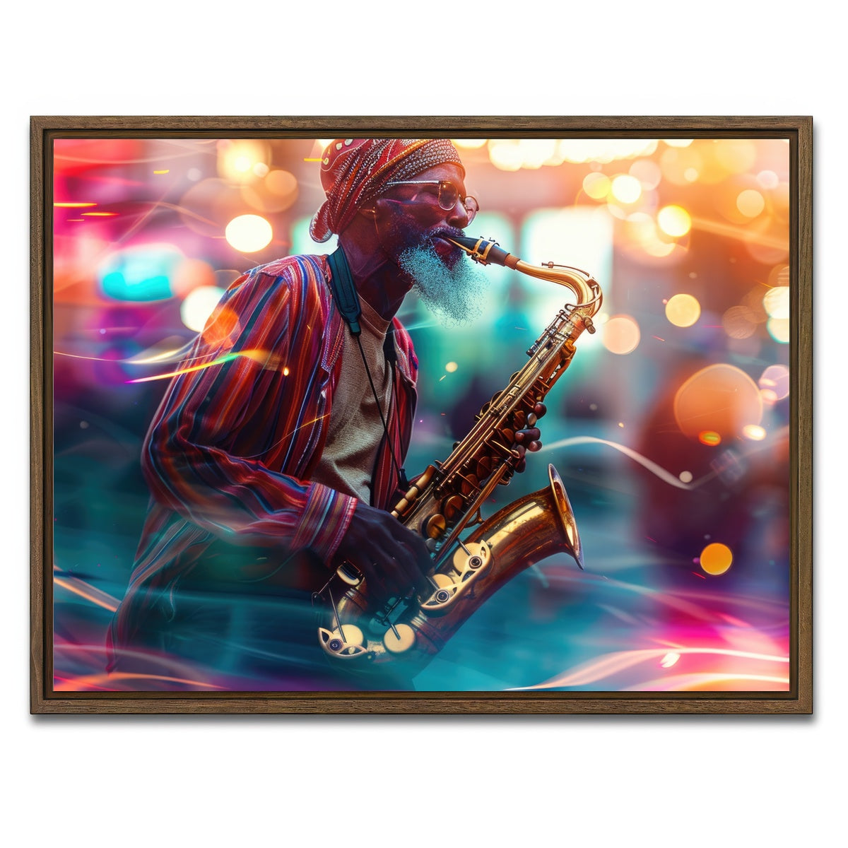 AUTO-MOCKUP WHITE | Saxophonist in the city lights | 1 Piece | Walnut Framed Canvas | group=4x3