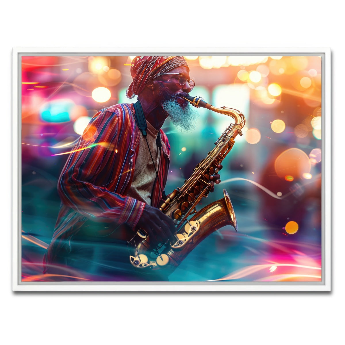 AUTO-MOCKUP WHITE | Saxophonist in the city lights | 1 Piece | White Framed Canvas | group=4x3