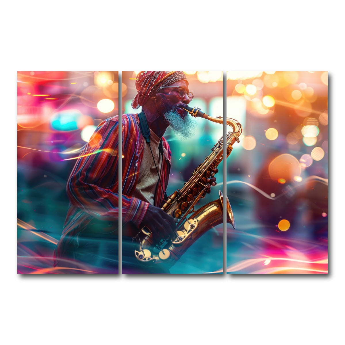 AUTO-MOCKUP WHITE | Saxophonist in the city lights | 3 Piece | Gallery Wrap Canvas | group=12x24