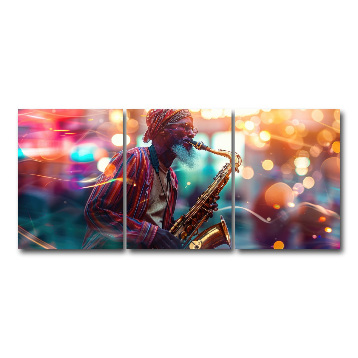 AUTO-MOCKUP WHITE | Saxophonist in the city lights | 3 Piece | Gallery Wrap Canvas | group=18x24