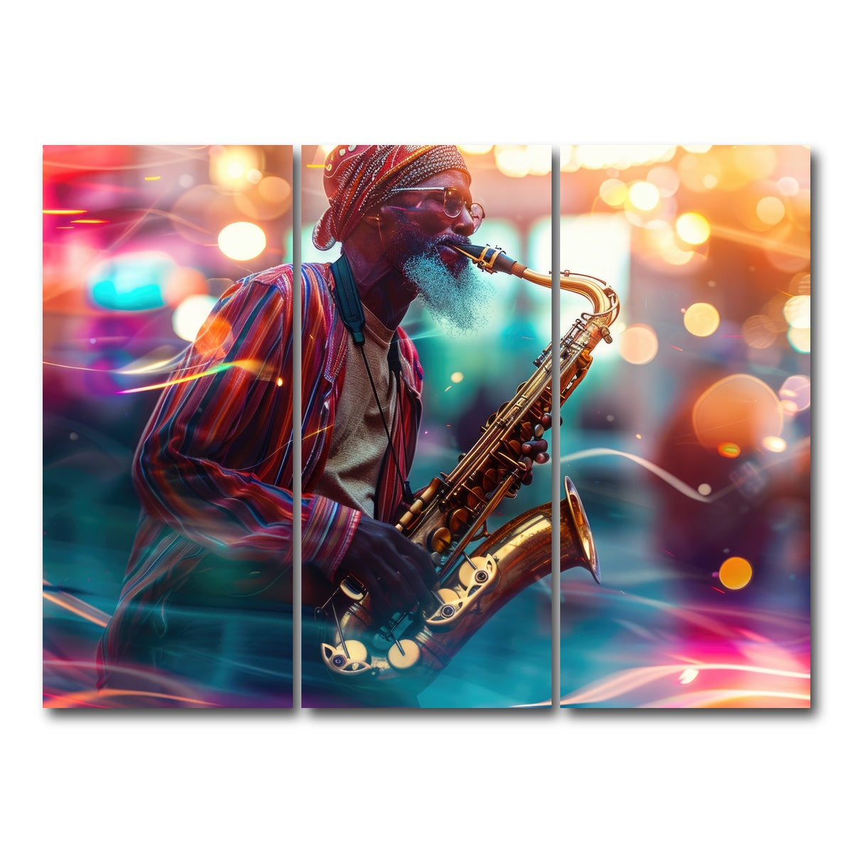 AUTO-MOCKUP WHITE | Saxophonist in the city lights | 3 Piece | Gallery Wrap Canvas | group=8x18