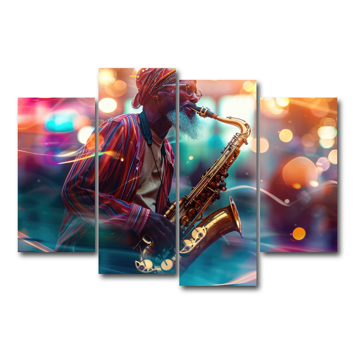 AUTO-MOCKUP WHITE | Saxophonist in the city lights | 4 Piece | Gallery Wrap Canvas | group=4_short