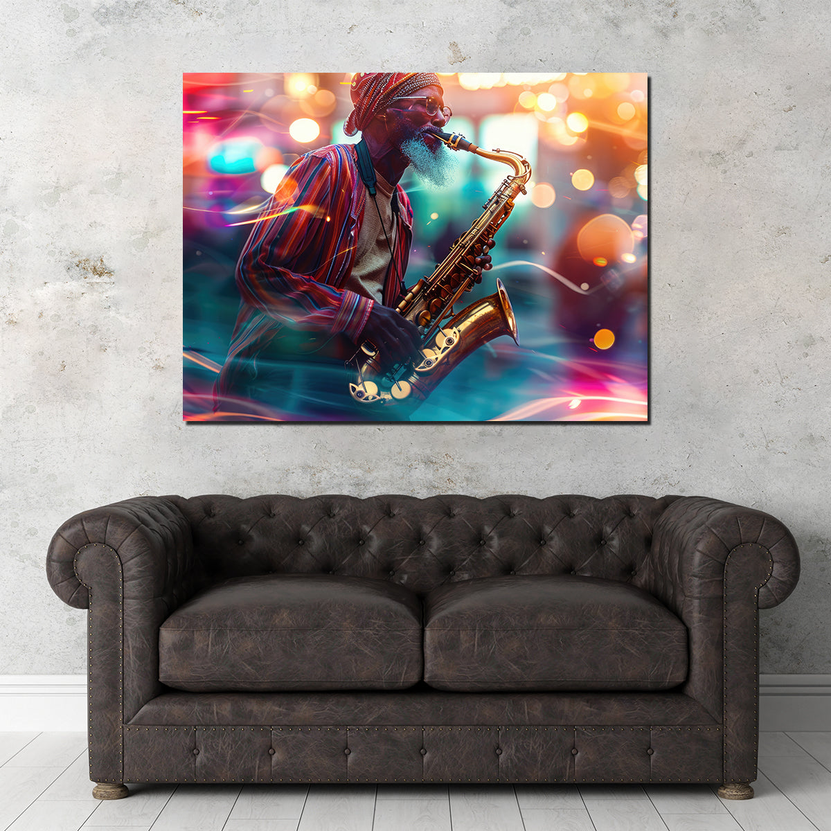 Saxophonist in the City Lights Wall Art