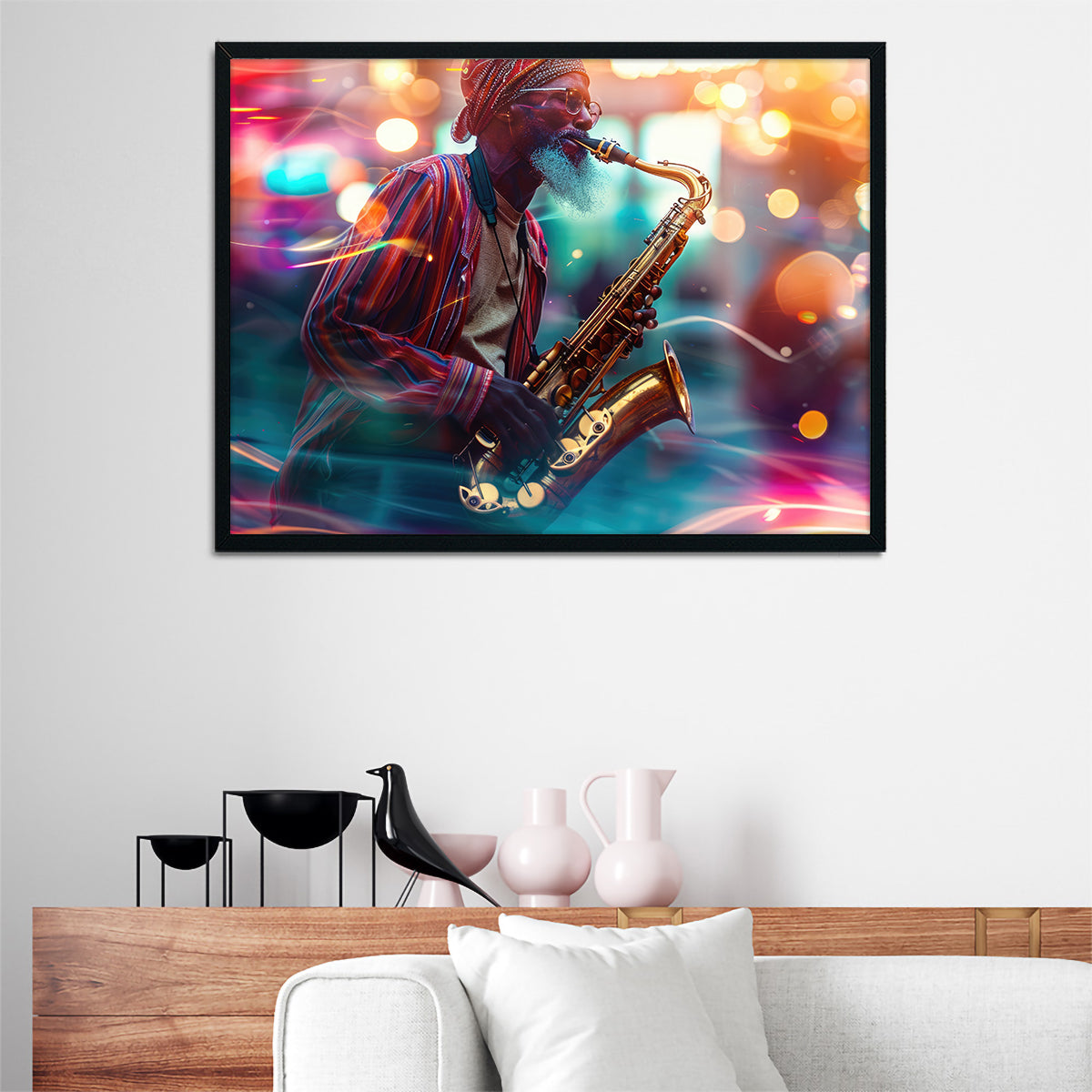 Saxophonist in the City Lights Wall Art
