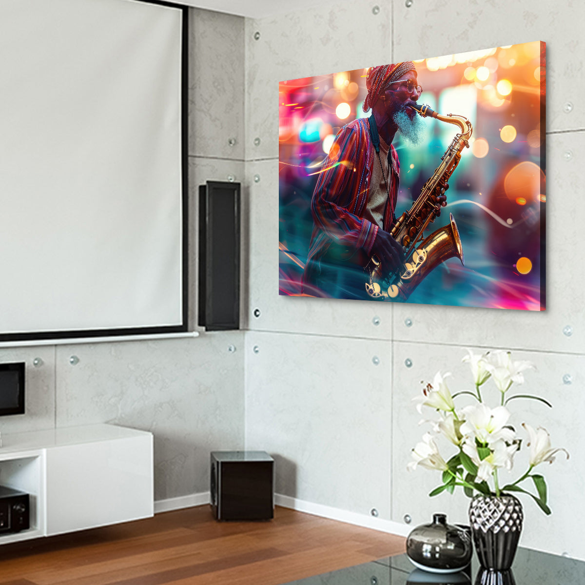 Saxophonist in the City Lights Wall Art
