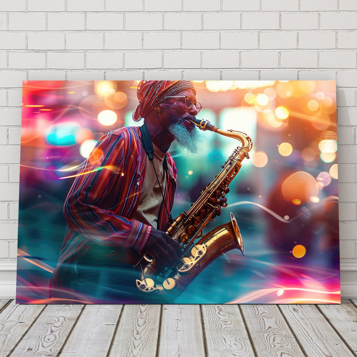 Saxophonist in the City Lights Wall Art