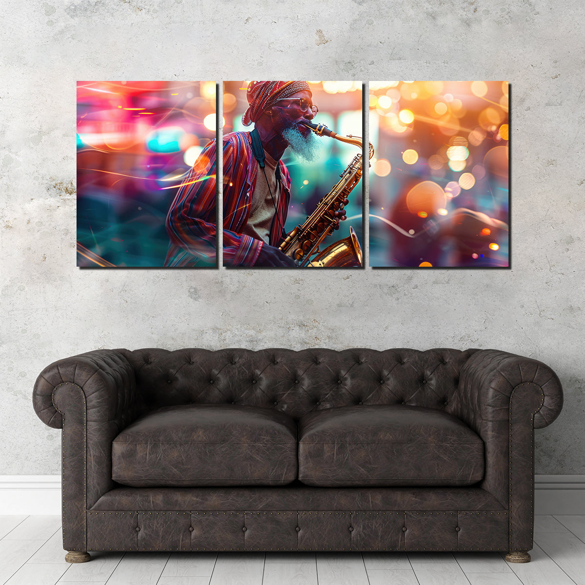 Saxophonist in the City Lights Wall Art