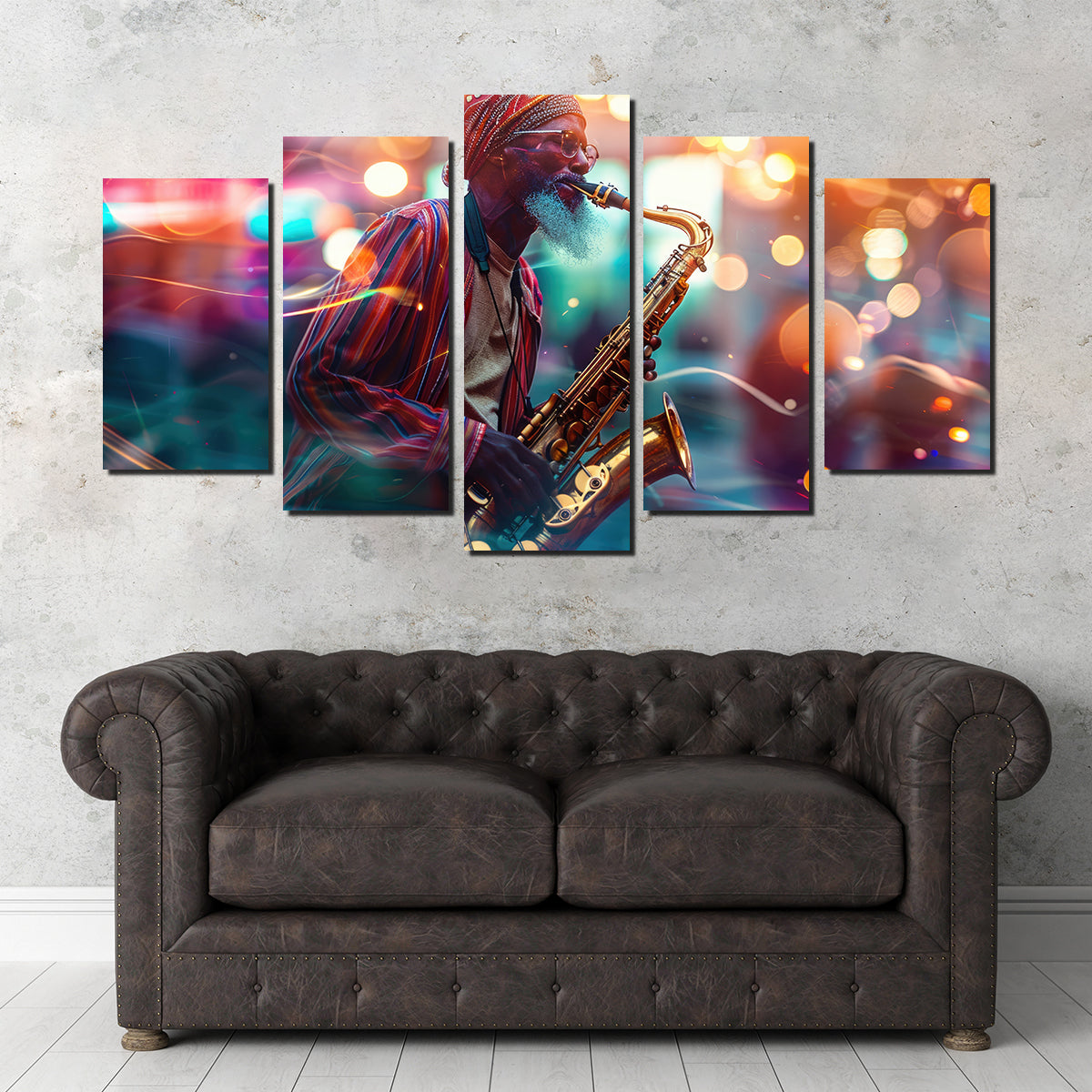 Saxophonist in the City Lights Wall Art