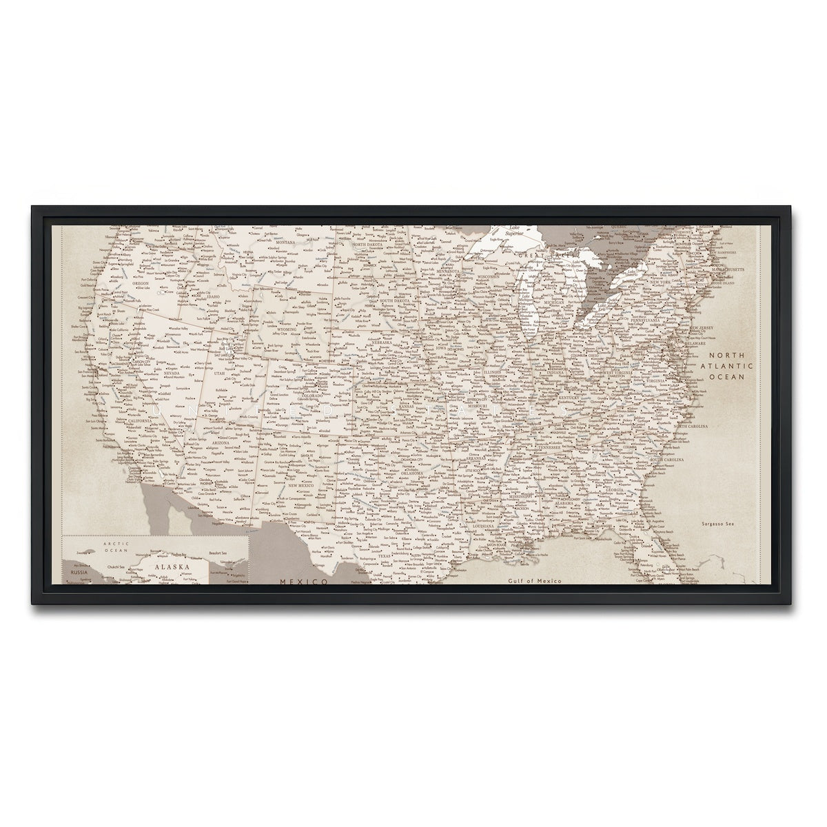AUTO-MOCKUP WHITE | Sepia US Map | 1 Piece | Black Framed Canvas | group=2x1