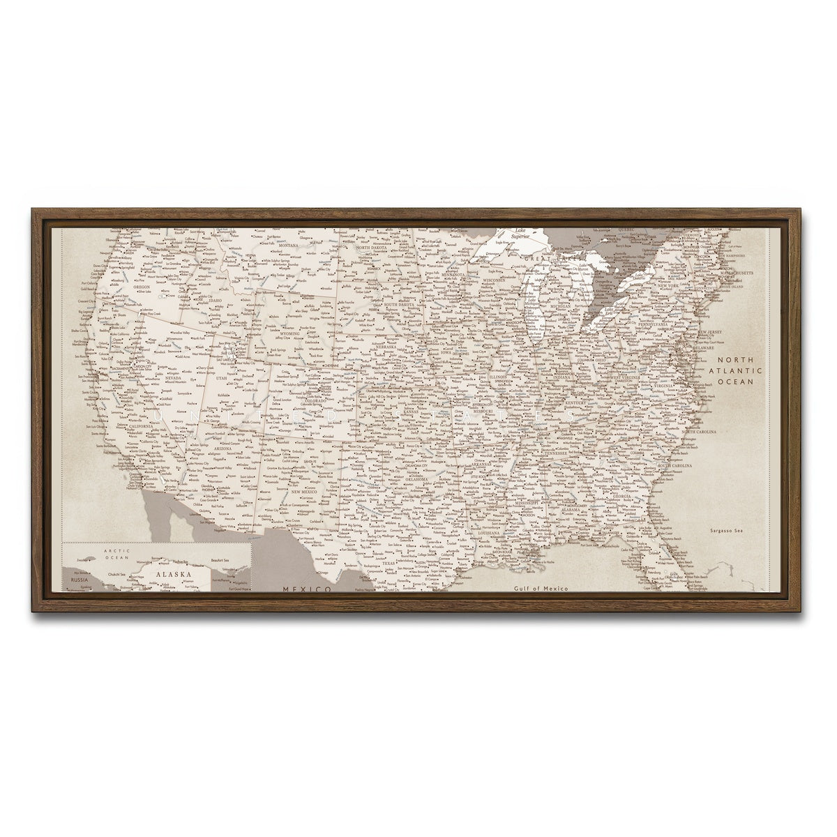AUTO-MOCKUP WHITE | Sepia US Map | 1 Piece | Walnut Framed Canvas | group=2x1