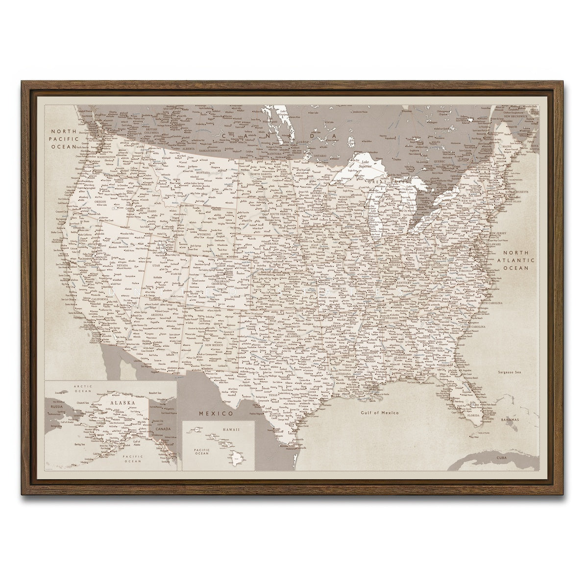 AUTO-MOCKUP WHITE | Sepia US Map | 1 Piece | Walnut Framed Canvas | group=4x3