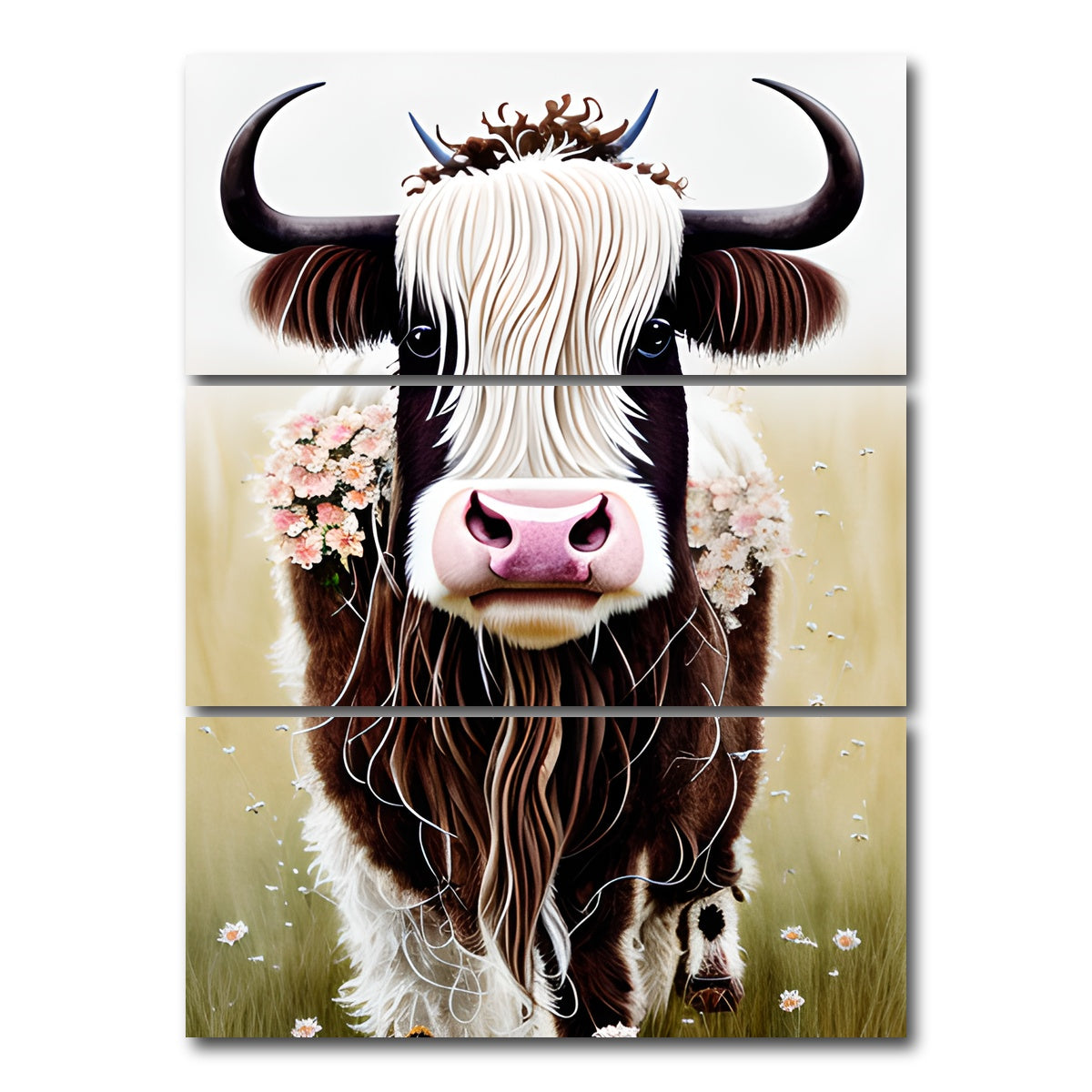 AUTO-MOCKUP WHITE | Shabby Chic Highland Cow | 3 Piece | Gallery Wrap Canvas | group=8x18_stacked