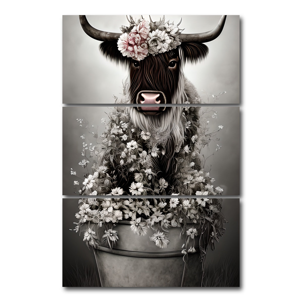 AUTO-MOCKUP WHITE | Shabby Highland Cow | 3 Piece | Gallery Wrap Canvas | group=12x24_stacked
