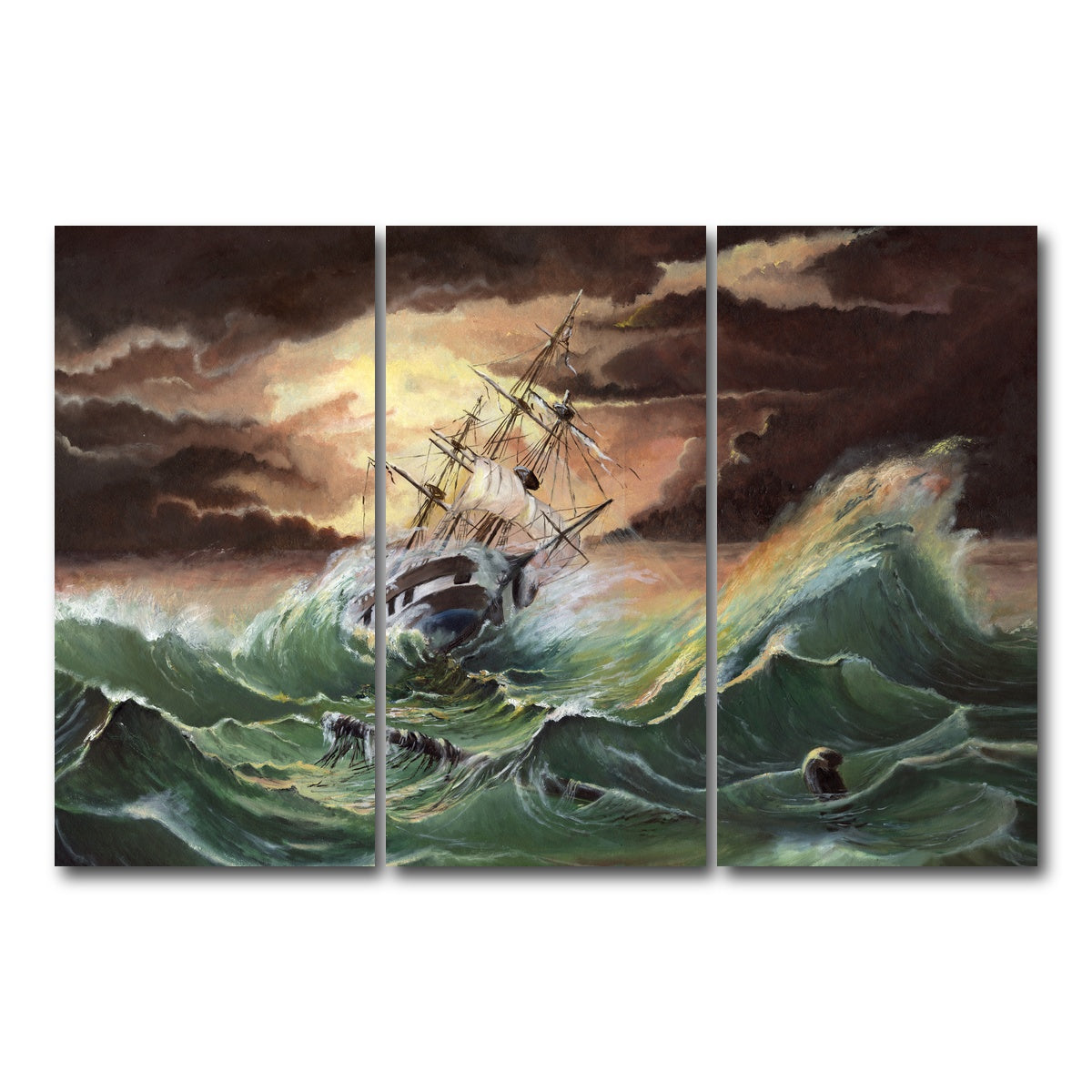 AUTO-MOCKUP WHITE | Ship in Storm | 3 Piece | Gallery Wrap Canvas | group=12x24