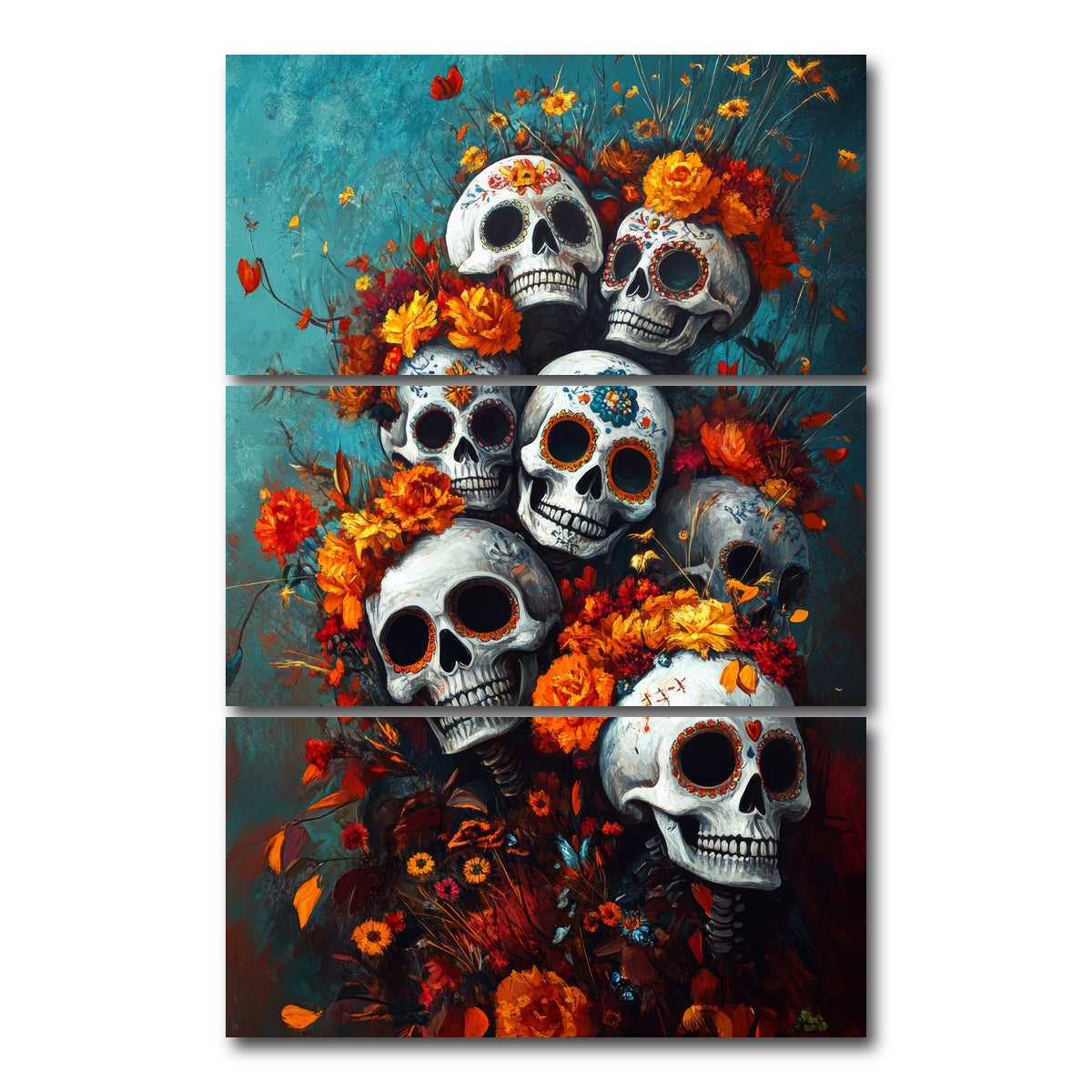 AUTO-MOCKUP WHITE | Skulls with Flowers | 3 Piece | Gallery Wrap Canvas | group=12x24_stacked