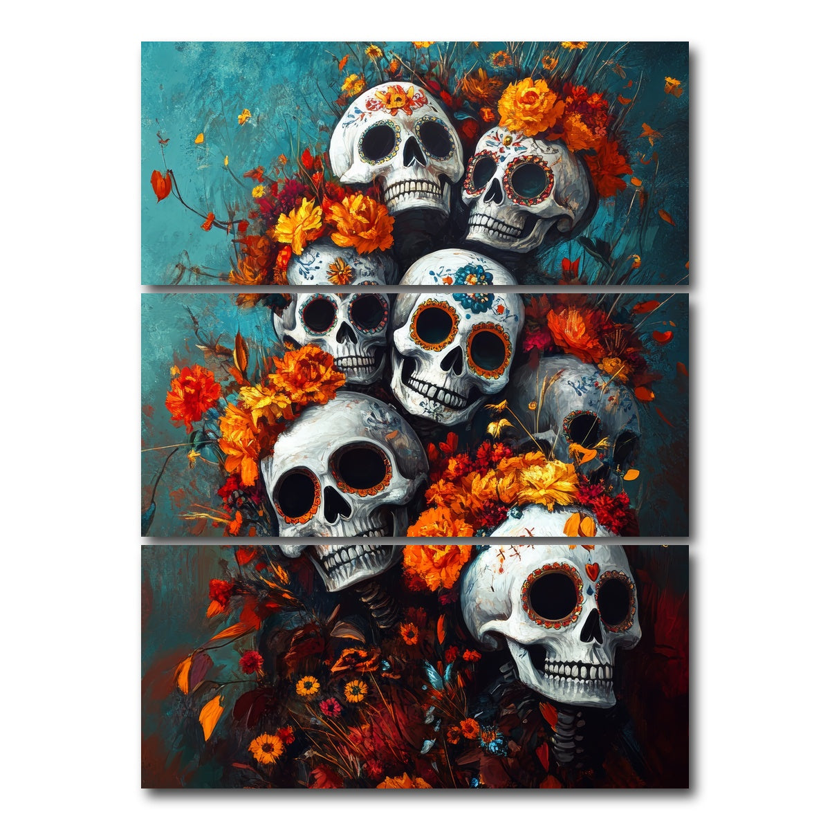AUTO-MOCKUP WHITE | Skulls with Flowers | 3 Piece | Gallery Wrap Canvas | group=8x18_stacked