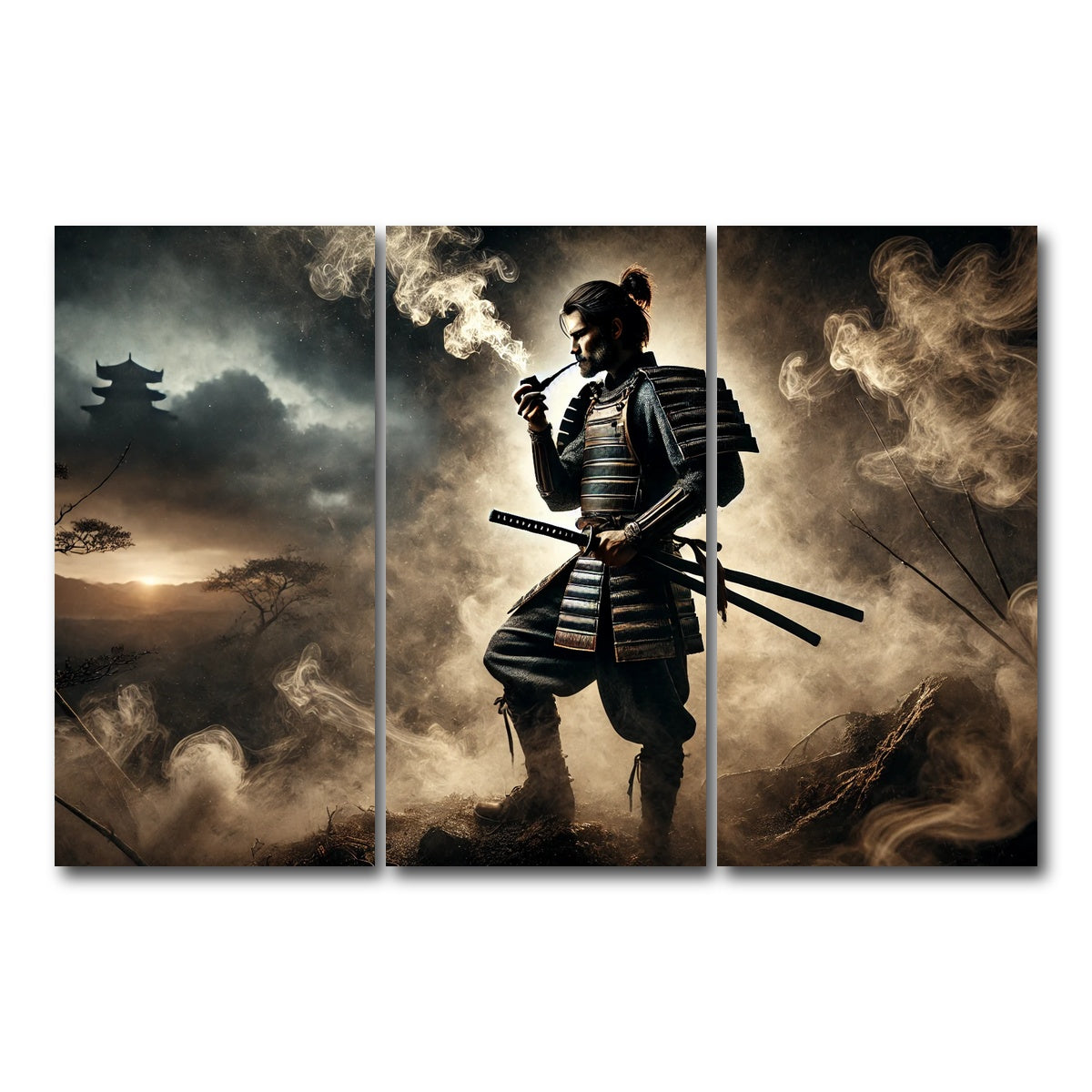 AUTO-MOCKUP WHITE | Smoking Samurai | 3 Piece | Gallery Wrap Canvas | group=12x24