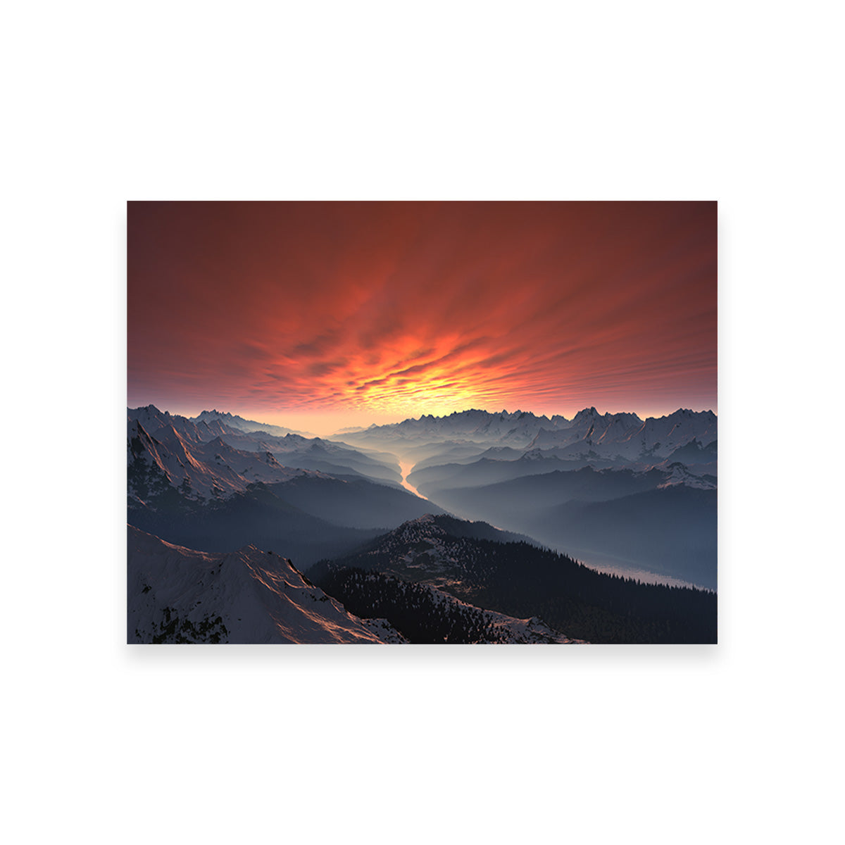 Snow Covered Mountain Valley Sunset Wall Art