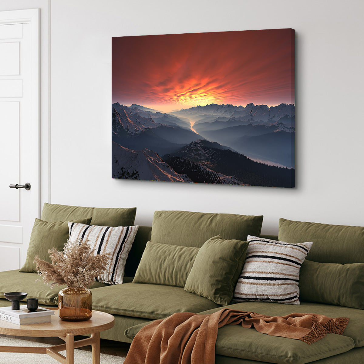 Snow Covered Mountain Valley Sunset Wall Art