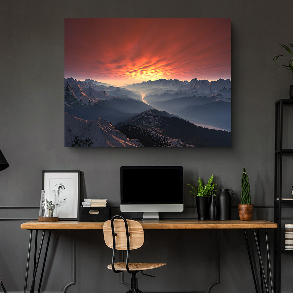 Snow Covered Mountain Valley Sunset Wall Art