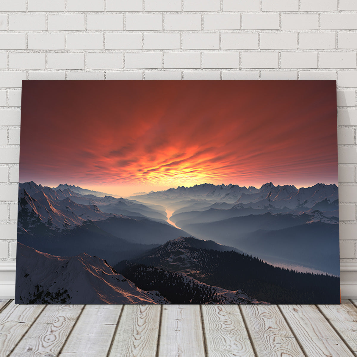 Snow Covered Mountain Valley Sunset Wall Art