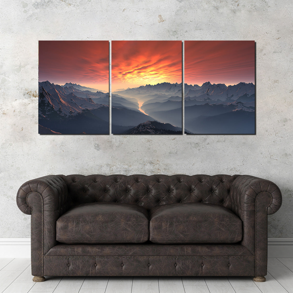 Snow Covered Mountain Valley Sunset Wall Art