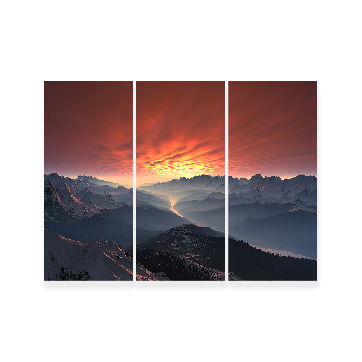 Snow Covered Mountain Valley Sunset Wall Art