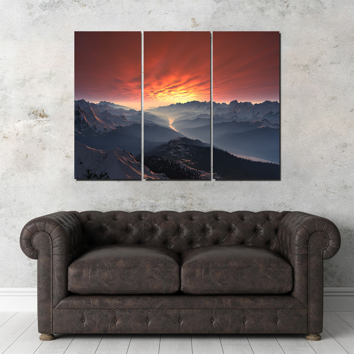 Snow Covered Mountain Valley Sunset Wall Art