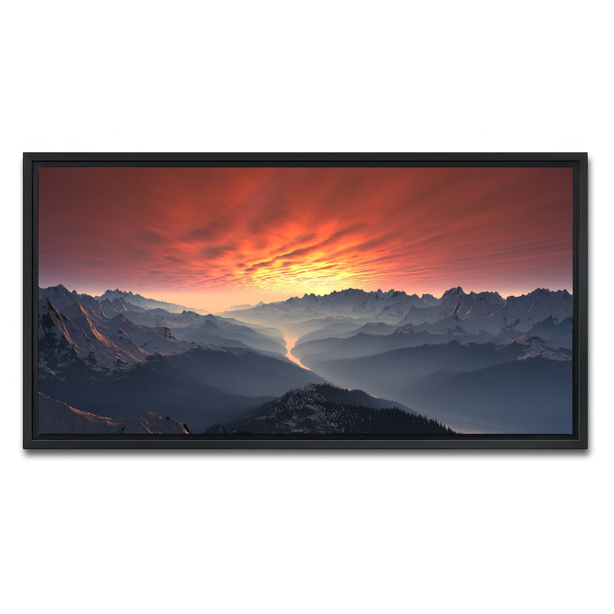 AUTO-MOCKUP WHITE | Snow Covered Mountain Valley Sunset | 1 Piece | Black Framed Canvas | group=2x1