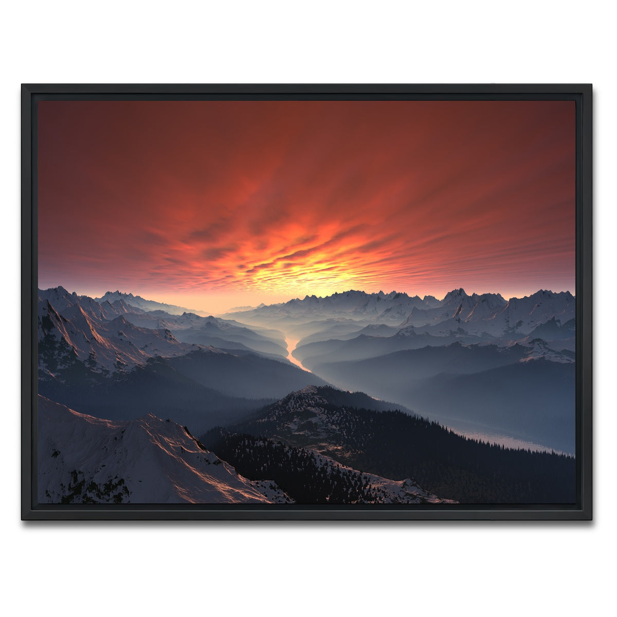 AUTO-MOCKUP WHITE | Snow Covered Mountain Valley Sunset | 1 Piece | Black Framed Canvas | group=4x3