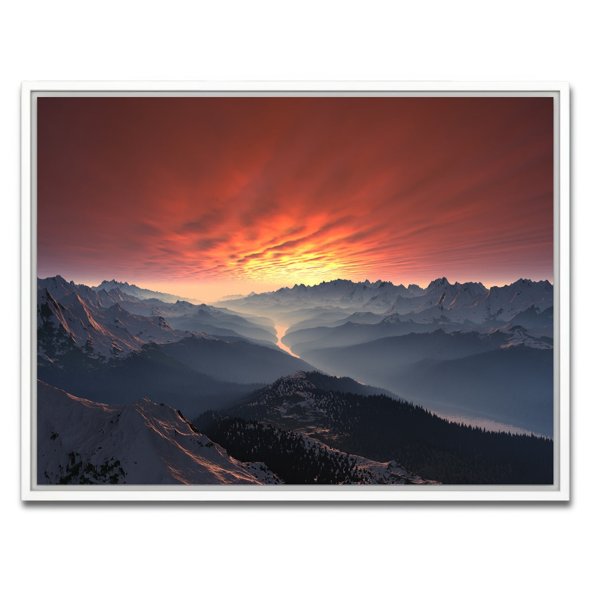 AUTO-MOCKUP WHITE | Snow Covered Mountain Valley Sunset | 1 Piece | White Framed Canvas | group=4x3