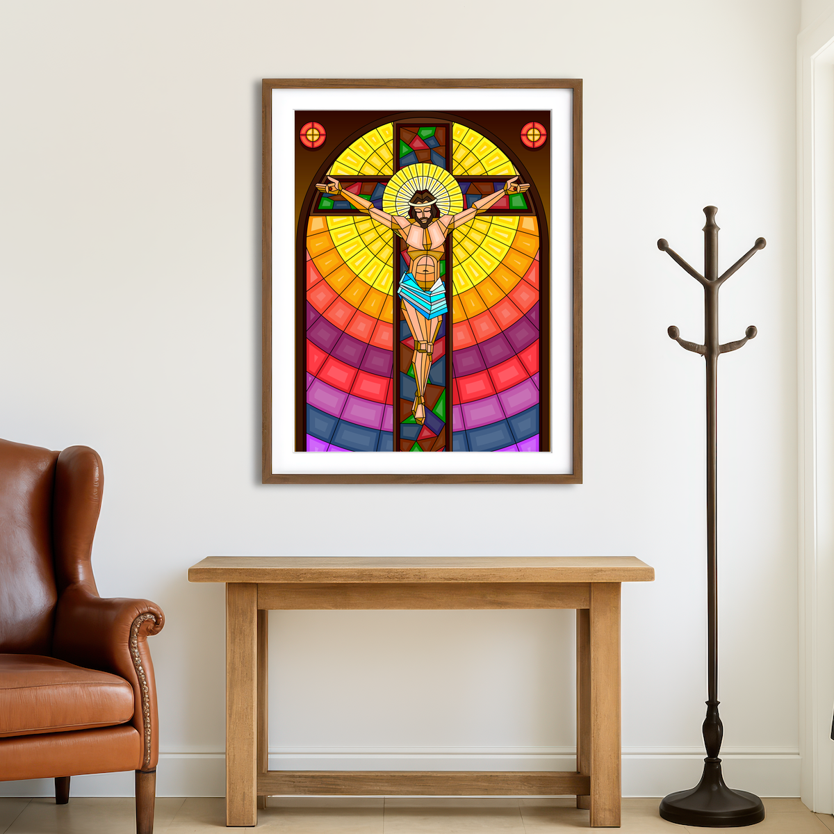 AUTO-MOCKUP ROOM | Stained Glass Crucifixion Wall Art