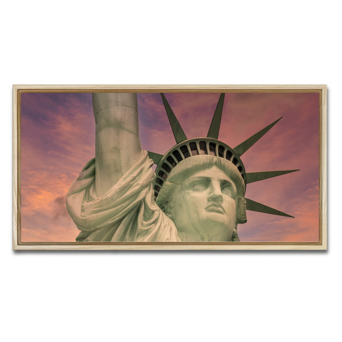 AUTO-MOCKUP WHITE | Statue of Liberty at sunset | 1 Piece | Natural Framed Canvas | group=2x1