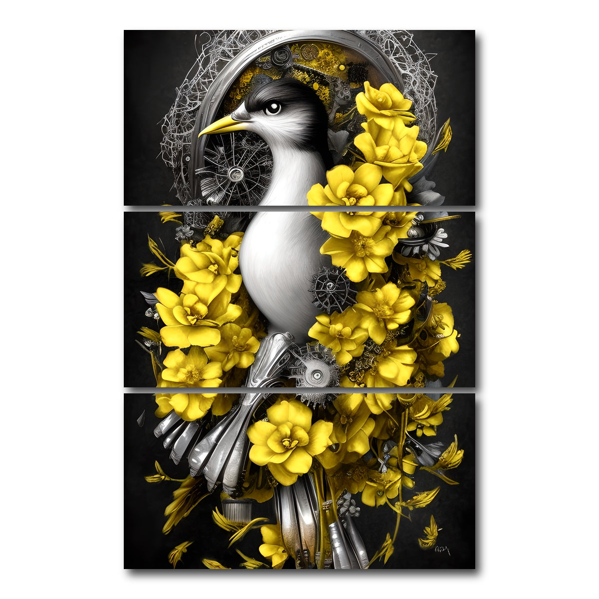 AUTO-MOCKUP WHITE | Steampunk Fantasy Bird | 3 Piece | Gallery Wrap Canvas | group=12x24_stacked