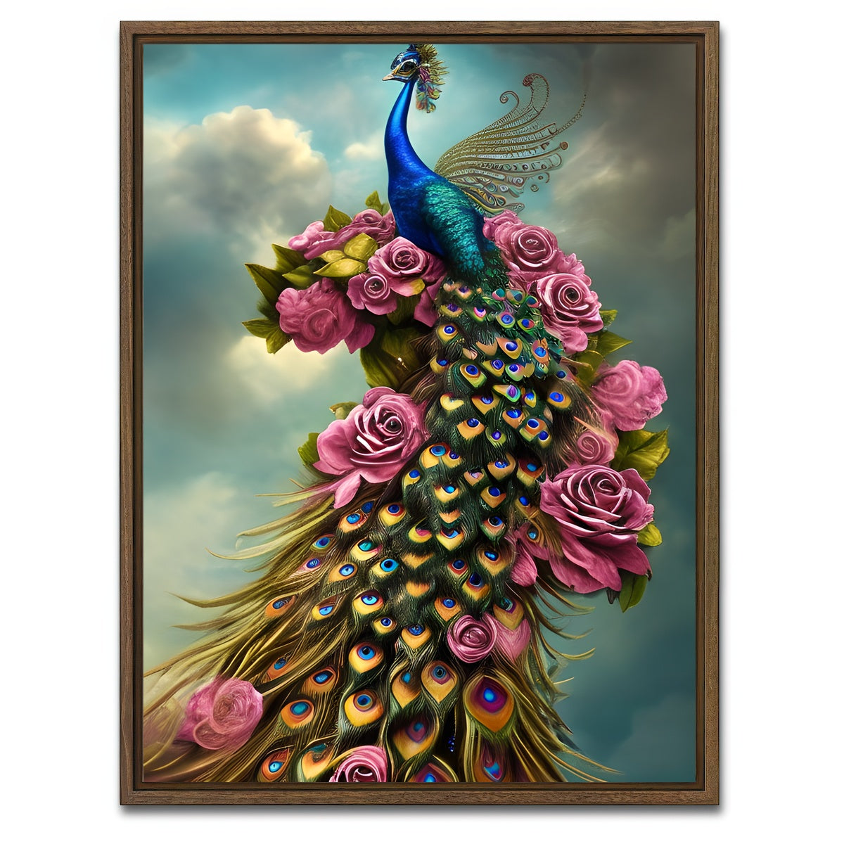 AUTO-MOCKUP WHITE | Steampunk Fantasy Peacock | 1 Piece | Walnut Framed Canvas | group=3x4