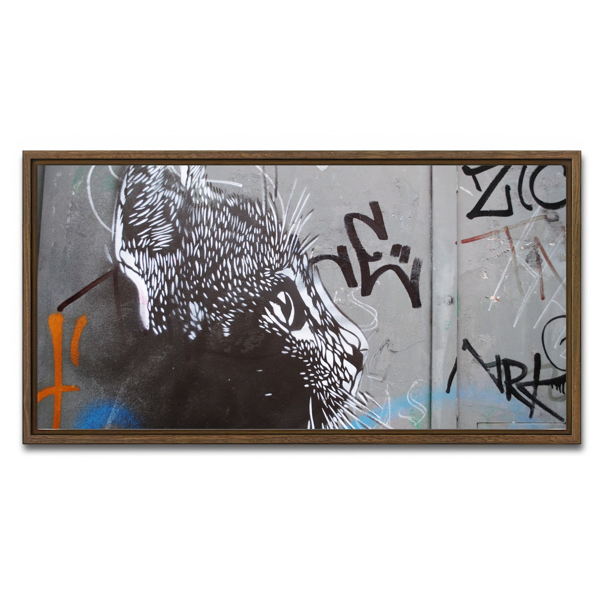 AUTO-MOCKUP WHITE | Street art cat | 1 Piece | Walnut Framed Canvas | group=2x1