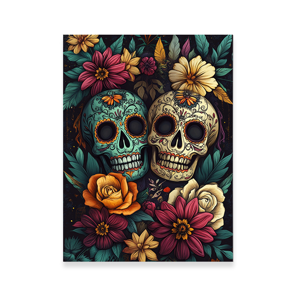 Sugar Skulls with Vibrant Flowers Wall Art