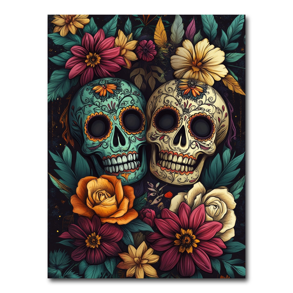 AUTO-MOCKUP WHITE | Sugar Skulls with Vibrant Flowers | 1 Piece | Gallery Wrap Canvas | group=3x4