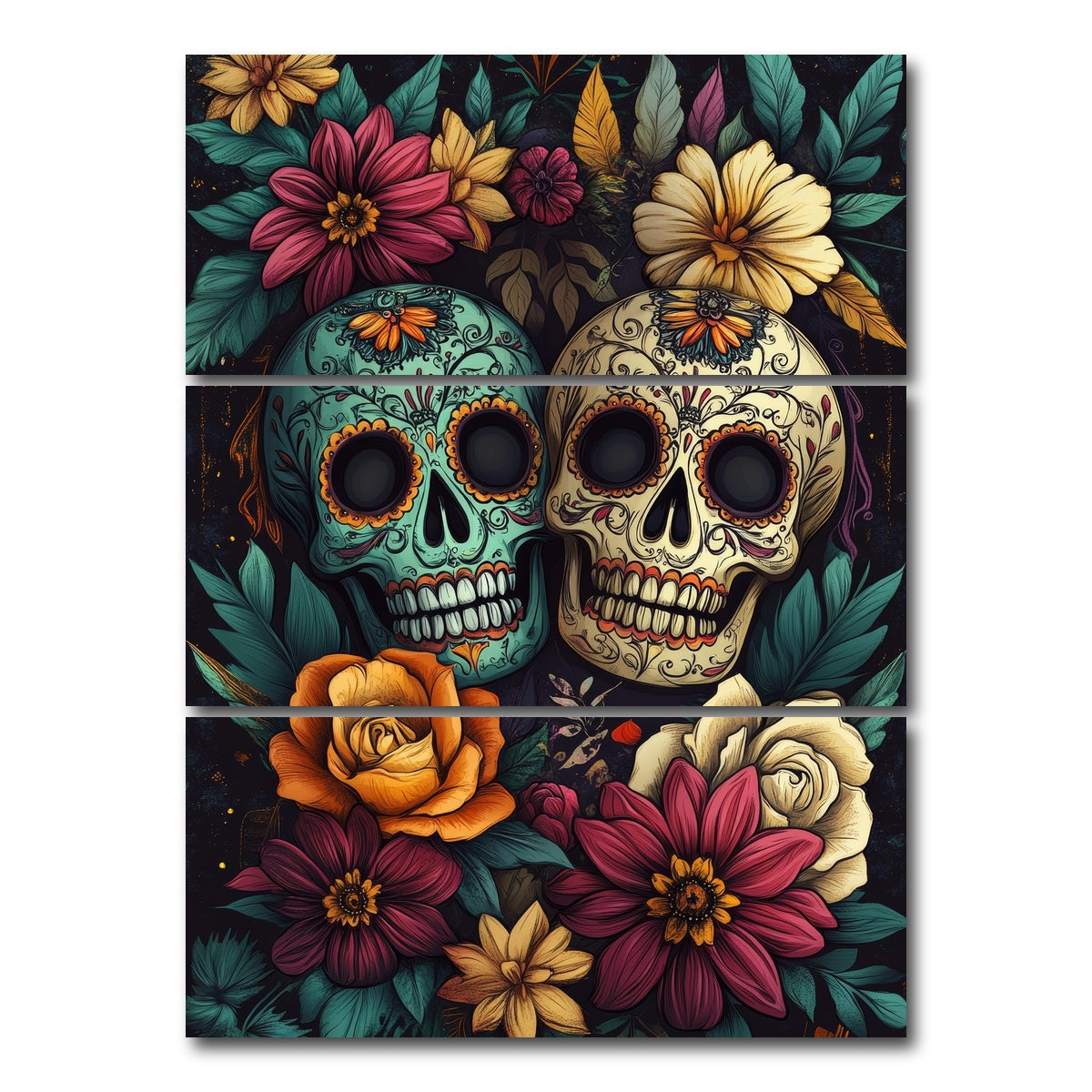 AUTO-MOCKUP WHITE | Sugar Skulls with Vibrant Flowers | 3 Piece | Gallery Wrap Canvas | group=8x18_stacked