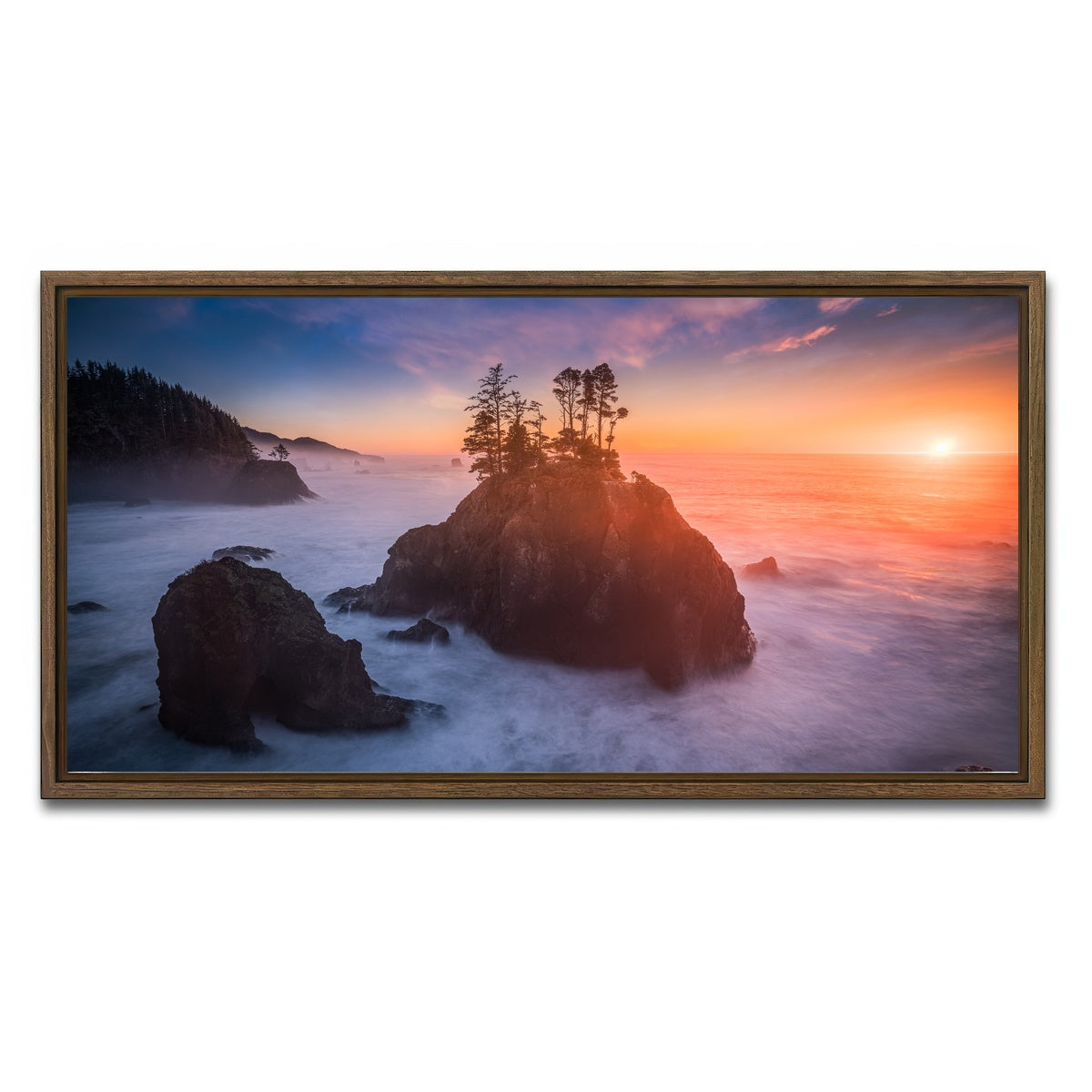 AUTO-MOCKUP WHITE | Sunset and Sea Stacks | 1 Piece | Walnut Framed Canvas | group=2x1