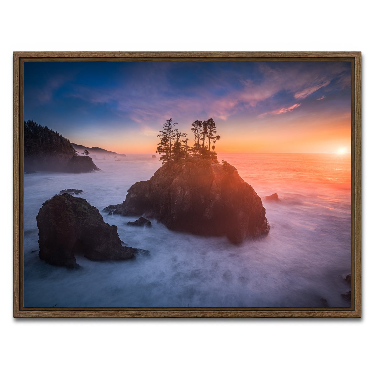 AUTO-MOCKUP WHITE | Sunset and Sea Stacks | 1 Piece | Walnut Framed Canvas | group=4x3