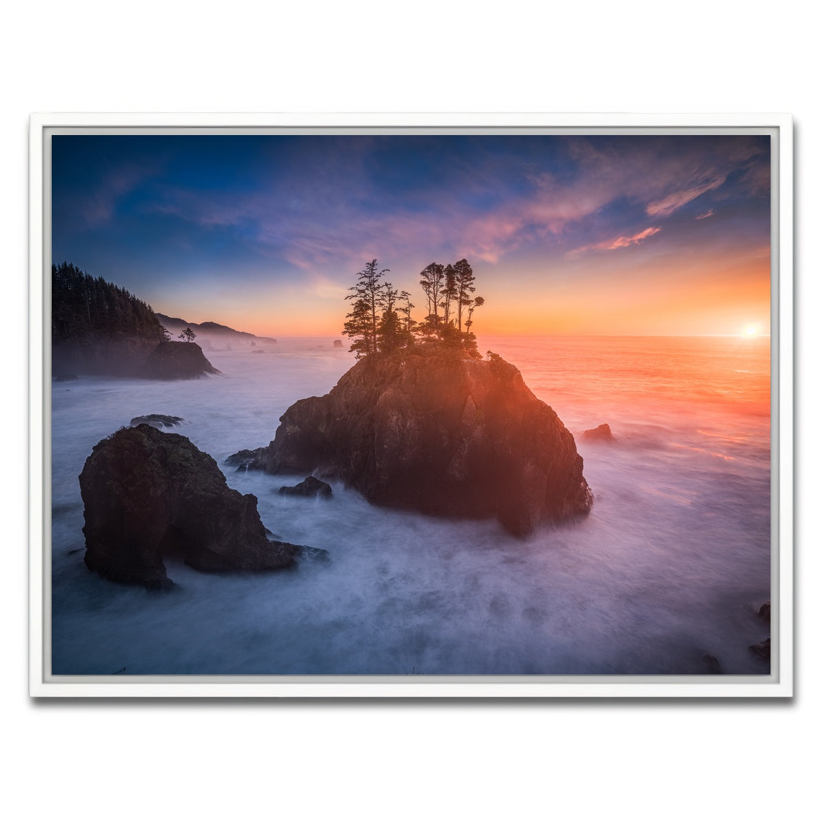 AUTO-MOCKUP WHITE | Sunset and Sea Stacks | 1 Piece | White Framed Canvas | group=4x3